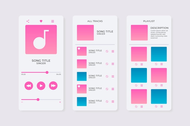 Kostenloser Vektor vorlagenpaket für die benutzeroberfläche der musik-player-app