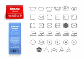 Kostenloser Vektor wäscheetiketten etikettieren realistisches set mit bügelsymbolen isolierte vektorillustration