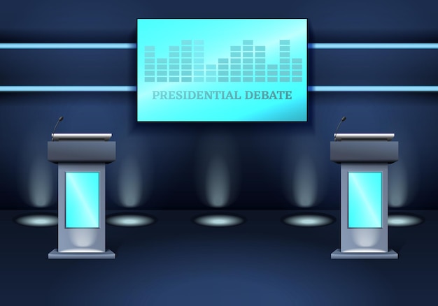 Wahlen wählen realistische zusammensetzung mit innenansicht des studios für präsidentschaftsdebatten mit tribünen und bildschirmvektorillustration