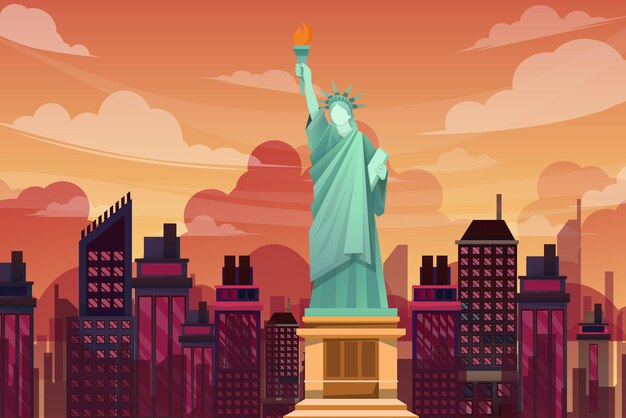Wahrzeichen der Freiheitsstatue von New York City, berühmte Landschaft von Gebäuden und die Freiheitsstatue in UAS, Design-Postkarte für Touristenattraktionen oder Reiseplakat, Vektorillustration.