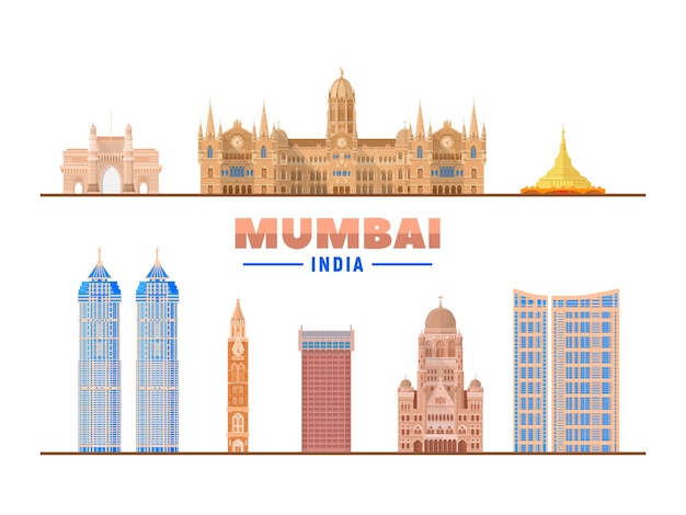 Wahrzeichen von Mumbai auf weißem Hintergrund Isolierte Objekte Flache Vektordarstellung Geschäftsreise- und Tourismuskonzept mit modernen Gebäuden Bild für Banner oder Website