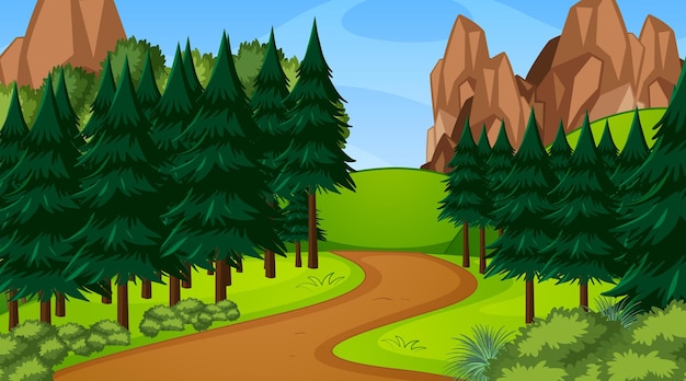 Waldszene mit verschiedenen Waldbäumen und Gehwegweg