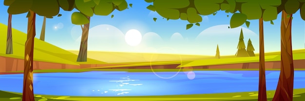 Waldteich natur landschaft ruhig seeteich fluss oder bach fließen unter grünen bäumen und grasbewachsenen ufern wild schöne landschaft anzeigen sommer holz tagsüber cartoon hintergrund vektor-illustration