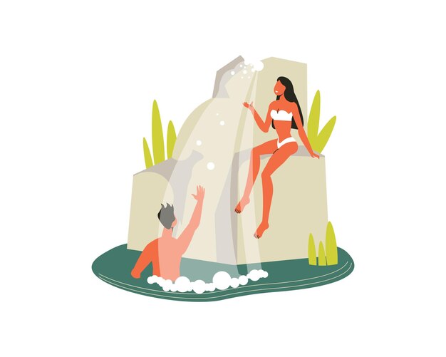 Wanderkomposition mit Blick auf Klippe mit Wasserfall und badender Mann mit Frauenillustration
