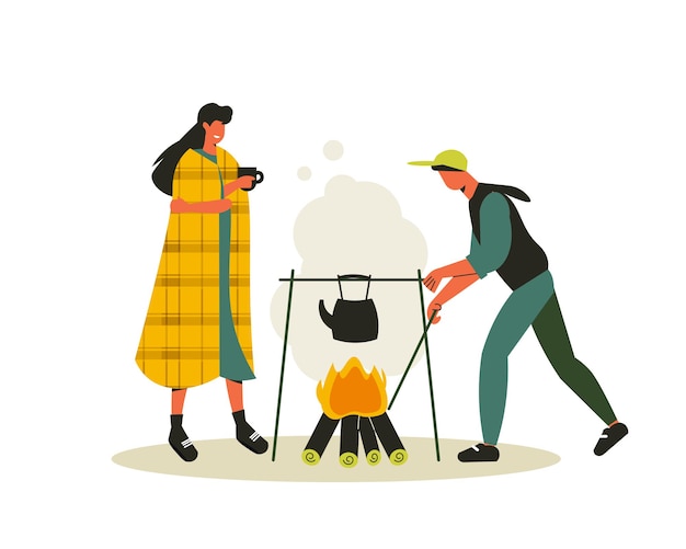 Wanderkomposition mit Blick auf Lagerfeuer mit hängender Teekanne Mann und Frau mit Tasse Tee Illustration