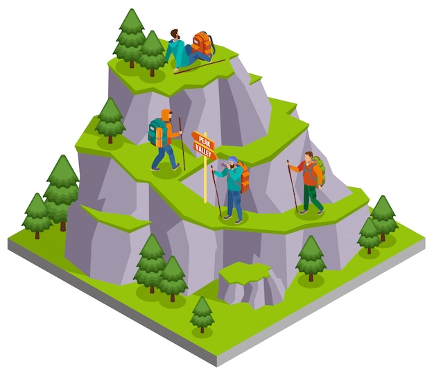 Wandernde isometrische Zusammensetzung mit wildem Bergpanoramabild mit Gehwegen und menschlichen Charakteren von Campern