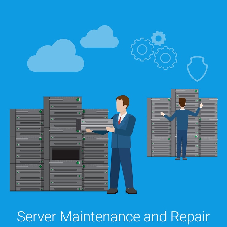 Kostenlose Vektor wartung und reparatur des servers. flache art website-technologie-konzept web-infografiken illustration.