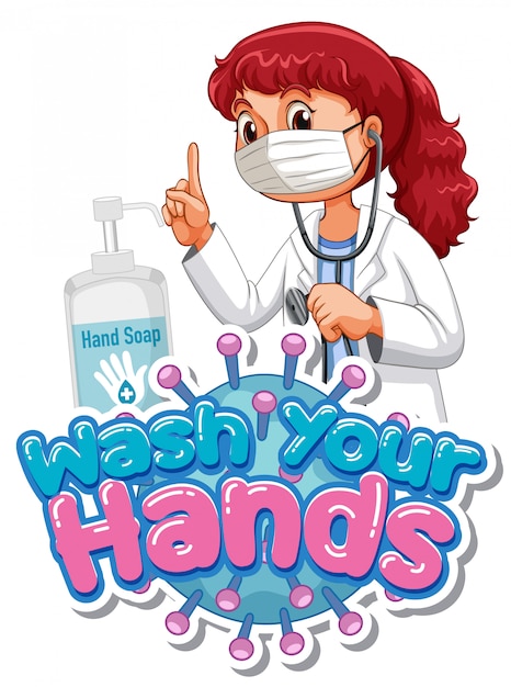 Waschen sie ihre hände poster design mit arzt tragen maske