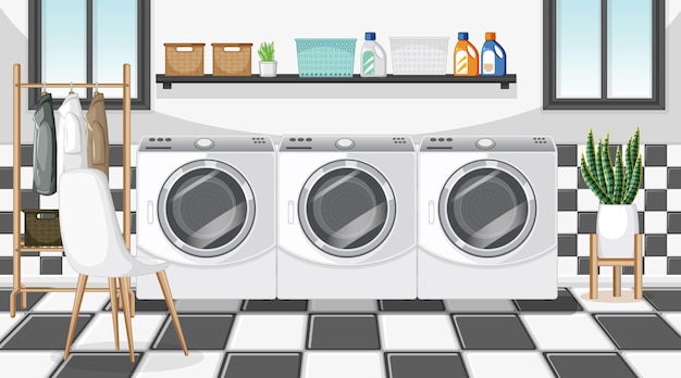 Waschküchenszene mit waschmaschine und kleiderbügel