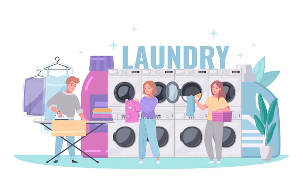 Kostenloser Vektor waschsalon-cartoon-illustration mit leuten, die wäsche- und bügeleisenservice am waschmaschinenhintergrund benutzen