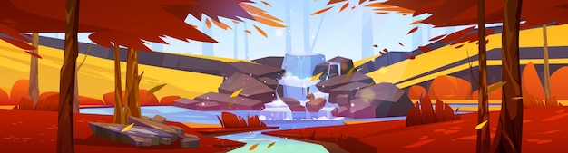 Wasserfall in der Landschaft der Herbstwaldkarikatur 2d