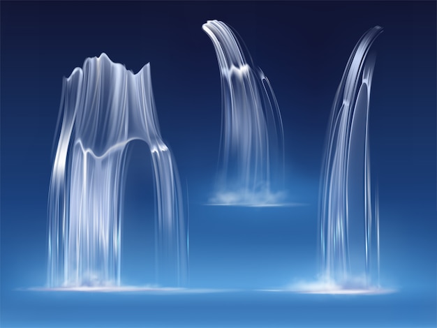 Wasserfallkaskade, realistische wasserfallströme stellten von der reinen flüssigkeit mit nebel von verschiedenen formen ein. fluss, brunnenelement für design, natur realistische illustration des vektors 3d