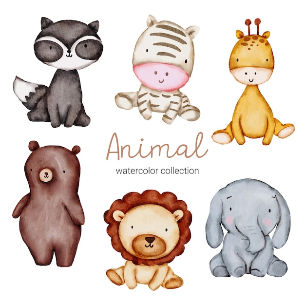 Wasserfarbkarikatur-Tiersatz für Aufkleber und Emoji-Avatare von tropischen und Waldcharakteren lokalisiert auf weißem Hintergrund. Süße Tiere Waschbär, Elefant, Löwe, Bär, Zebra, Giraffencharakter
