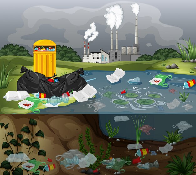 Wasserverschmutzung mit Plastiktüten im Fluss