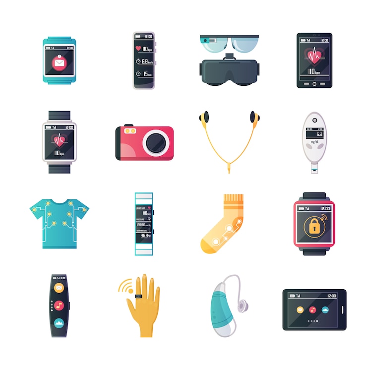 Kostenlose Vektor wearable technology gadgets flache ikonen-sammlung