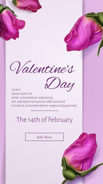 Web-Banner zum Valentinstag, Einladung mit rosafarbenen Rosenblüten auf lila Hintergrund mit Typografie und Schaltfläche schließen sich uns an. Romantisches Grafiklayout, Postkarte, Partyeinladung mit Blüten, 3D-Vektorvorlage