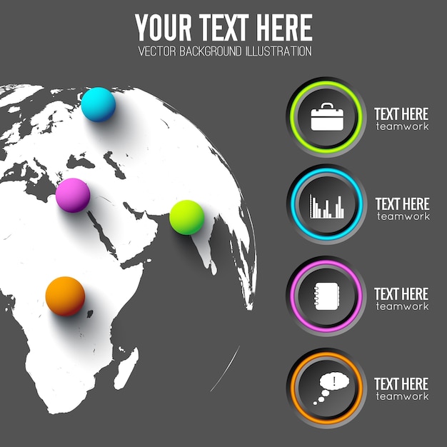 Kostenloser Vektor web-infografik-vorlage mit grauen kreisen geschäftsikonen und farbigen kugeln auf globaler karte