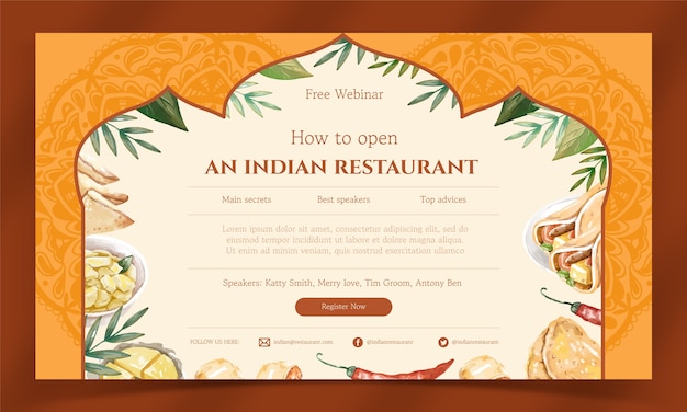 Webinar-vorlage für indisches restaurant mit aquarellfarben