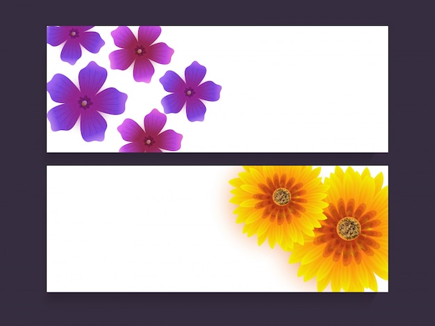 Website-header oder banner mit schönen violetten und gelben blumen verziert.