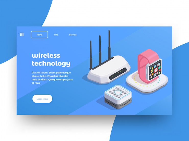 Kostenlose Vektor website-seitendesignhintergrund der modernen geräte isometrischer mit bildern intelligenten uhren wifi routers mit textillustration