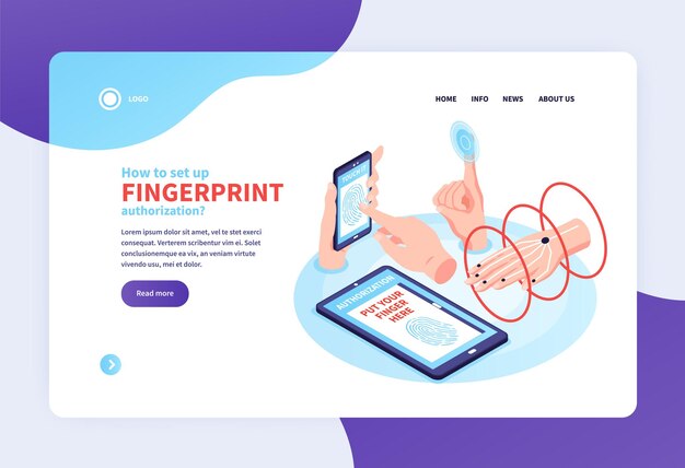 Website-zielseite des isometrischen biometrischen identifikationskonzepts mit anklickbaren links und bildern von menschenhand