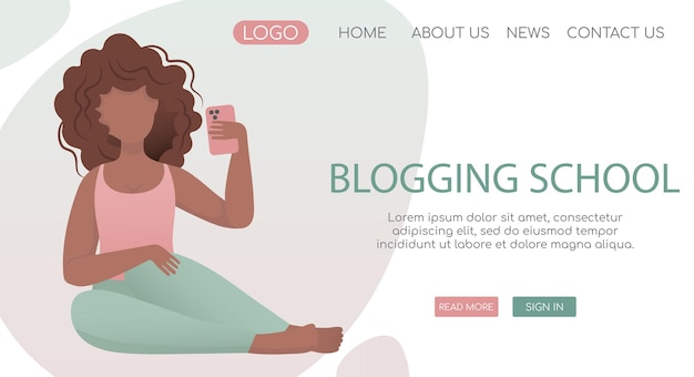 Webvorlage zum bloggen und vloggen. junges afrikanisches mädchen, das auf dem boden sitzt und fotoinhalte für ihren blog macht.