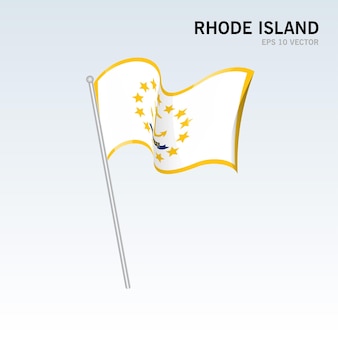 Wehende flagge des bundesstaates rhode island der vereinigten staaten von amerika auf grauem hintergrund