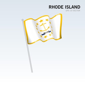 Wehende flagge des bundesstaates rhode island der vereinigten staaten von amerika auf grauem hintergrund