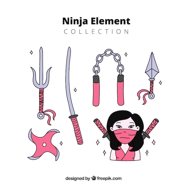 Kostenloser Vektor weibliche flache ninja elementsammlung