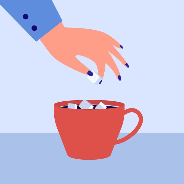 Weibliche hand, die zuckerwürfel in eine tasse kaffee legt. person, die der flachen vektorillustration des morgengetränks süßstoff hinzufügt. frühstück, gesundheitskonzept für banner, website-design oder landing-webseite