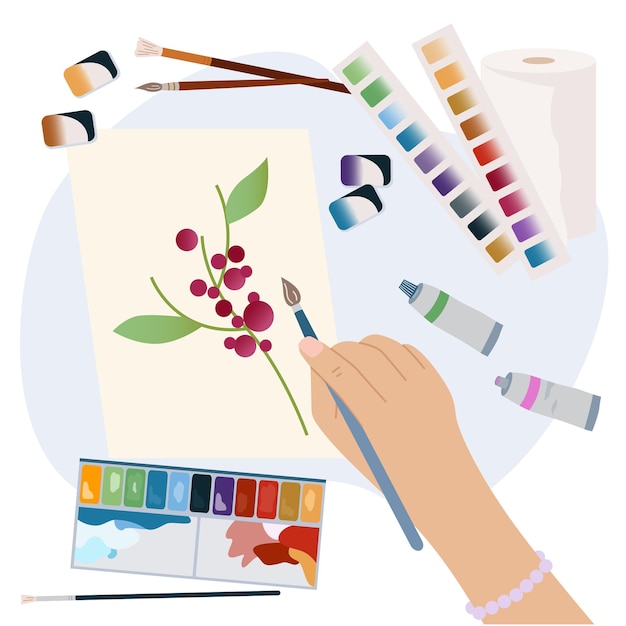 Weibliche hand hält pinselmalerei auf papier, flache komposition mit farbtuben und paletten, vektorgrafik