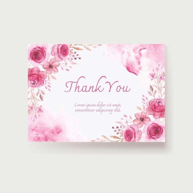 Kostenlose Vektor weiches rosa aquarell mit blumen danke kartenvorlage