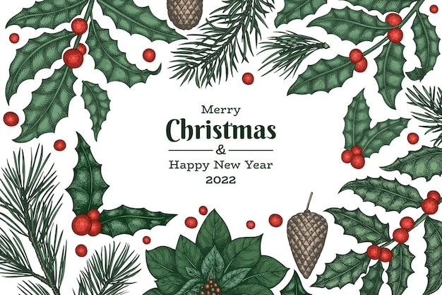 Weihnachten handgezeichnete vektor-grußkarten-design-vorlage. botanische illustration im vintage-stil. winterpflanzen weihnachtsbanner.