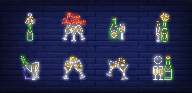 Weihnachts-champagner-symbole im neon-stil