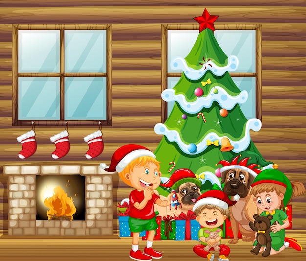 Weihnachts-Innenszene mit vielen Kindern und niedlichen Hunden
