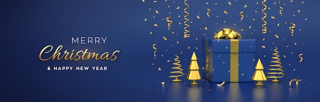 Weihnachtsbanner. komposition aus geschenkbox mit goldener schleife und goldener metallischer kiefer, fichten. kegelformbäume des neuen jahres. weihnachtshintergrund, grußkarte, kopfzeile. vektor realistische 3d-darstellung.