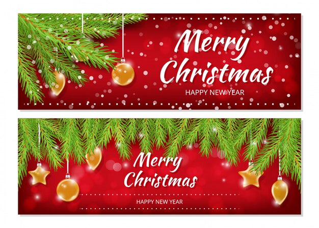 Weihnachtsbanner Weihnachten Neujahr Flyer Vorlage Urlaubshintergrund Mit Realistischen Tannenzweigen Schneefall Glaskugel Premium Vektor