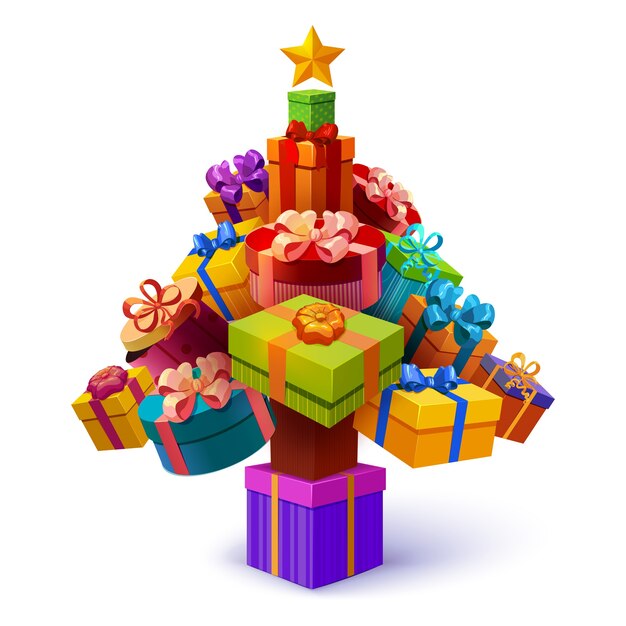 Weihnachtsbaum der Geschenkboxkomposition mit gelbem Stern und dekorativen Verpackungen unterschiedlicher Form