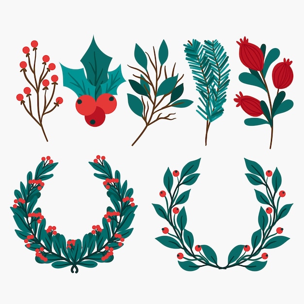 Kostenloser Vektor weihnachtsblumen- & kranzkollektion im flachen design