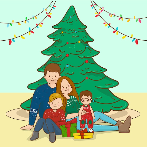 Weihnachtsfamilien-szenenkonzept in der hand gezeichnet