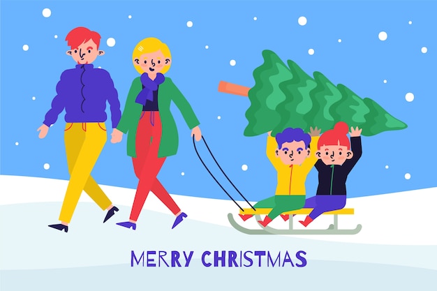 Weihnachtsfamilien-Szenenkonzept in der Hand gezeichnet