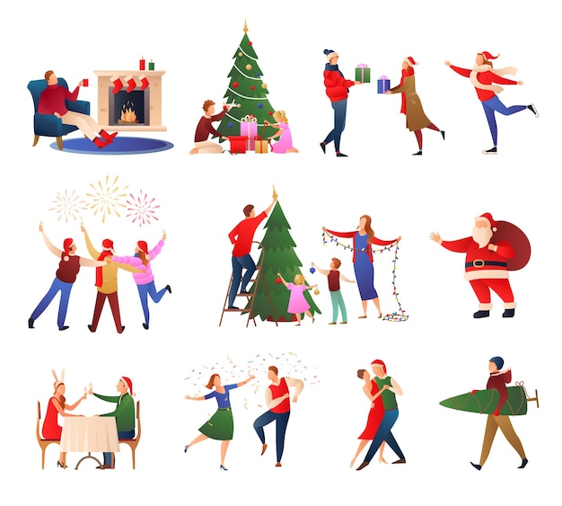Weihnachtsflacher gradientensatz von glücklichen menschen, die weihnachtsbaum schmücken und sich gegenseitig geschenke geben, isolierte vektorillustration