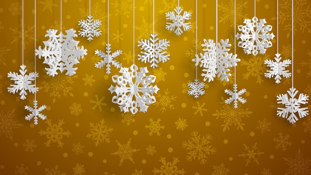 Weihnachtsillustration mit weißen dreidimensionalen papierschneeflocken, die auf gelbem hintergrund hängen
