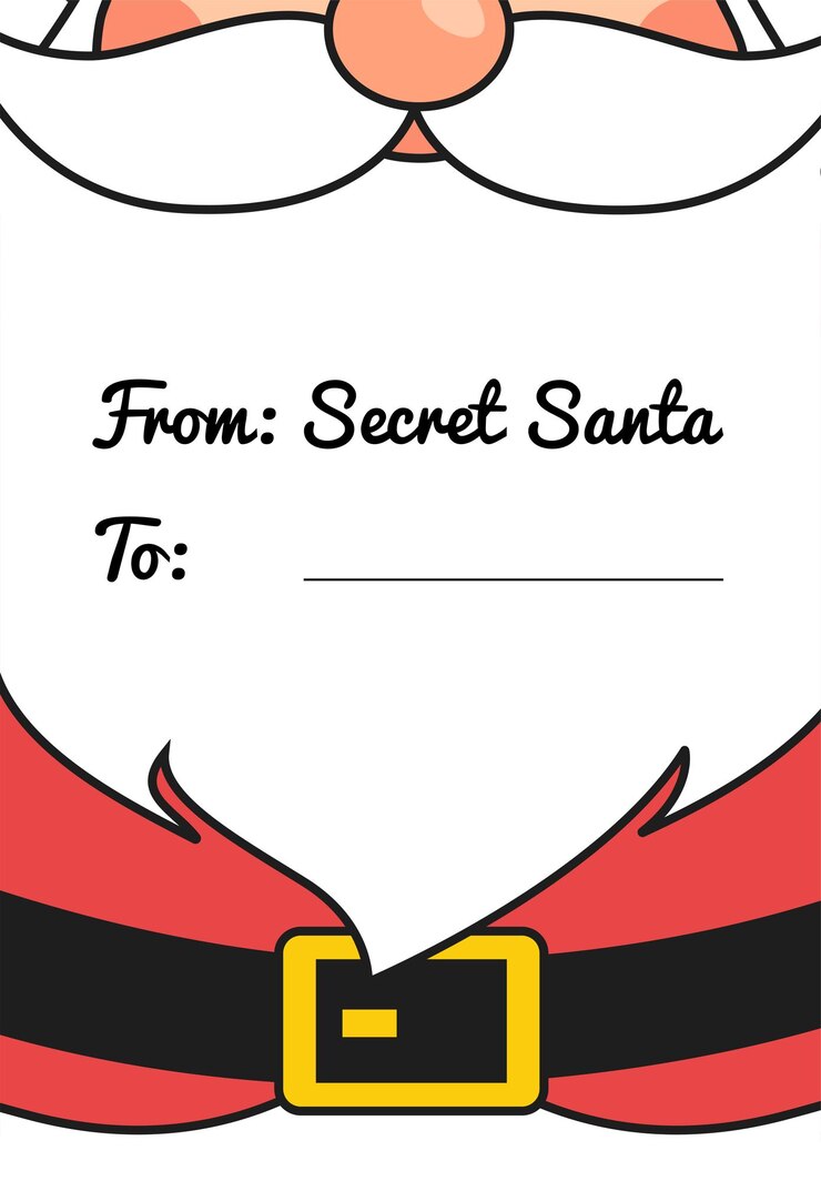 Weihnachtskarte mit weihnachtsmann Eine Feiertagsgrußkarte, die für das Spiel Secret Santa verwendet werden kann