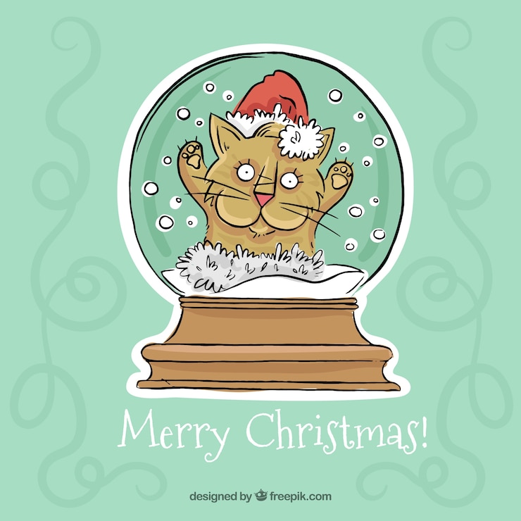 Kostenlose Vektor weihnachtskugel hintergrund mit hand gezeichnet katze