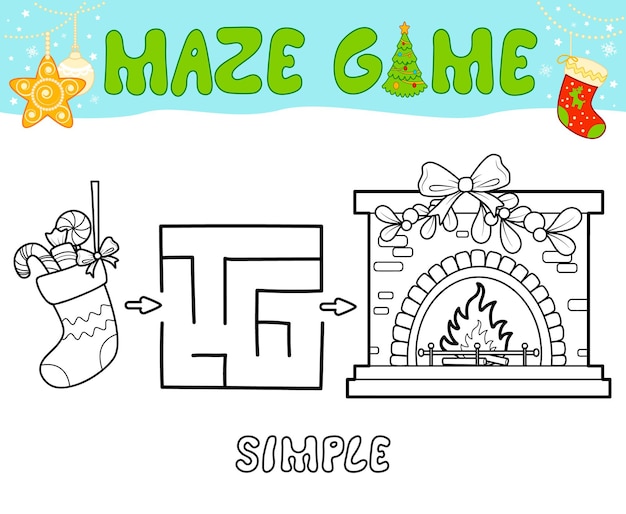 Weihnachtslabyrinth-puzzle-spiel für kinder. einfaches umriss-labyrinth- oder labyrinthspiel mit weihnachtssocke und kamin.