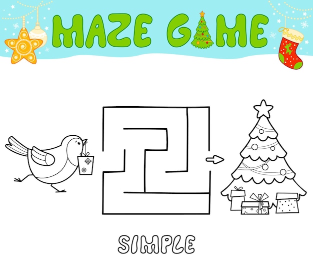 Weihnachtslabyrinth-puzzle-spiel für kinder. einfaches umriss-labyrinth- oder labyrinthspiel mit weihnachtsvogel. Premium Vektoren