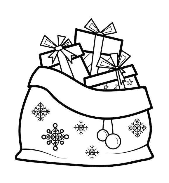 Weihnachtsmalbuch oder -seite für kinder. weihnachtstasche mit geschenken schwarz-weiß-vektor-illustration Premium Vektoren