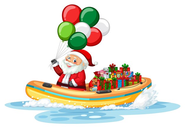 Weihnachtsmann auf dem Boot mit seinen Geschenken