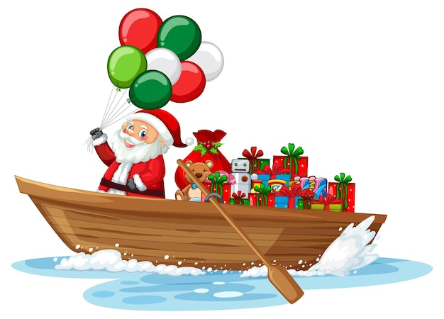 Weihnachtsmann auf Ruderboot mit vielen Geschenkboxen